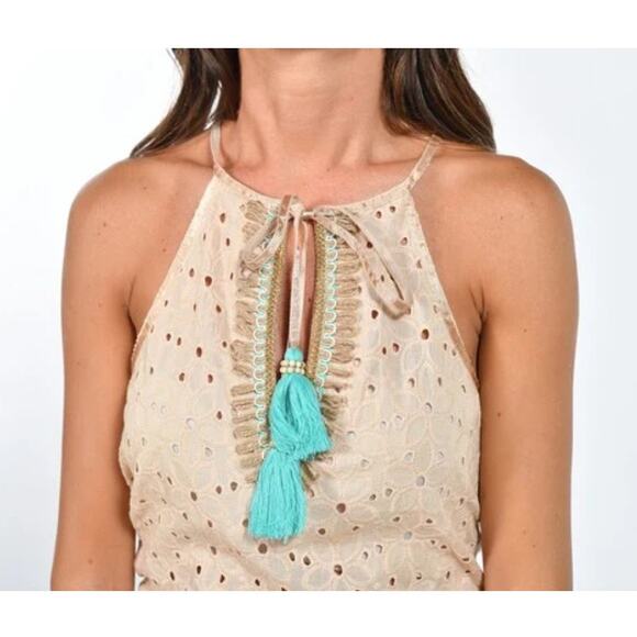 Gypsy Queen Paris Collection Beige & Turquoise Eyelet Halter Top - Size M/L -NWT - Picture 16 of 16